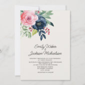 Waterverf Roze Navy Blue Flowers Wedding Kaart (Voorkant)