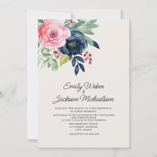 Waterverf Roze Navy Blue Flowers Wedding Kaart (Voorkant)