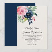 Waterverf Roze Navy Blue Flowers Wedding Kaart (Voorkant / Achterkant)