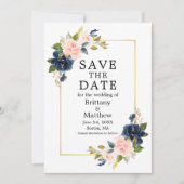 Waterverf Roze Navy Blue Rozen Gold Lijst Save The Date (Voorkant)
