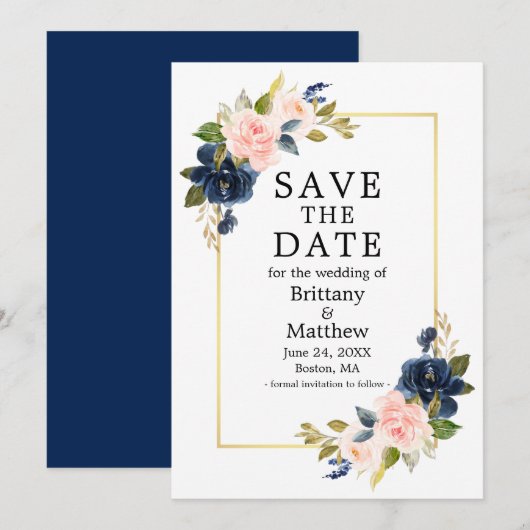 Waterverf Roze Navy Blue Rozen Gold Lijst Save The Date (Voorkant / Achterkant)