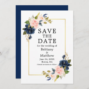 Waterverf Roze Navy Blue Rozen Gold Lijst Save The Date