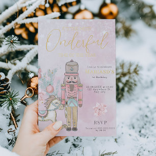 waterverf Roze Notenkraker 1e verjaardag Kerst Folie Uitnodiging