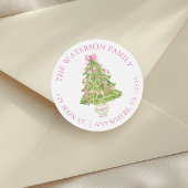 Waterverf roze notenkraker kerstboom adres ronde sticker