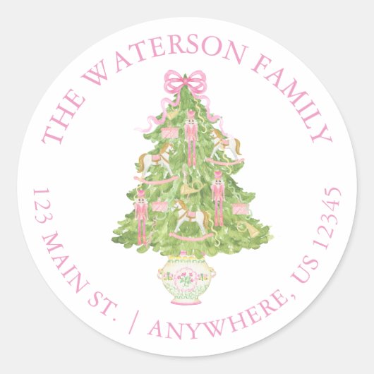 Waterverf roze notenkraker kerstboom adres ronde sticker (Voorkant)