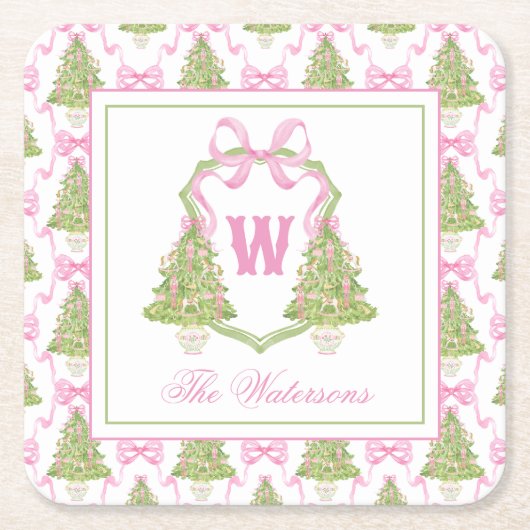 Waterverf Roze Notenkraker Monogram Crest Kartonnen Onderzetters (Voorkant)