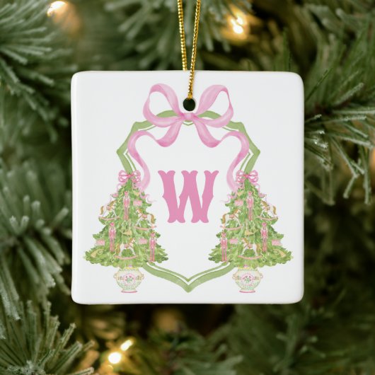 Waterverf Roze Notenkraker Monogram Crest Keramisch Ornament (Boom)