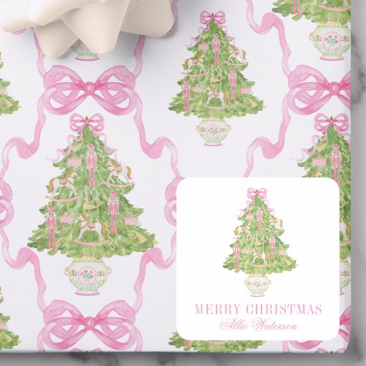 Waterverf Roze Notenkrakerboom Kerst Vierkante Sticker