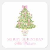 Waterverf Roze Notenkrakerboom Kerst Vierkante Sticker (Voorkant)