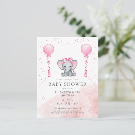 Waterverf Roze olifant Baby shower Uitnodiging (Staand voorkant)