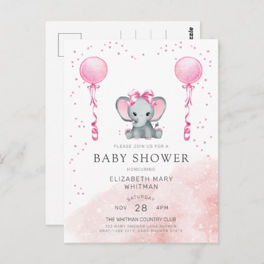 Waterverf Roze olifant Baby shower Uitnodiging (Voorkant / Achterkant)