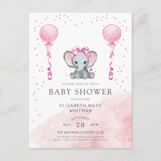 Waterverf Roze olifant Baby shower Uitnodiging (Voorkant)