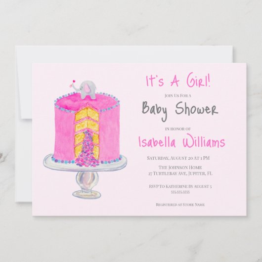 Waterverf Roze Olifant Baby Surprise Cake Baby Kaart (Voorkant)