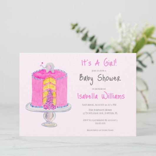 Waterverf Roze Olifant Baby Surprise Cake Baby Kaart (Staand voorkant)