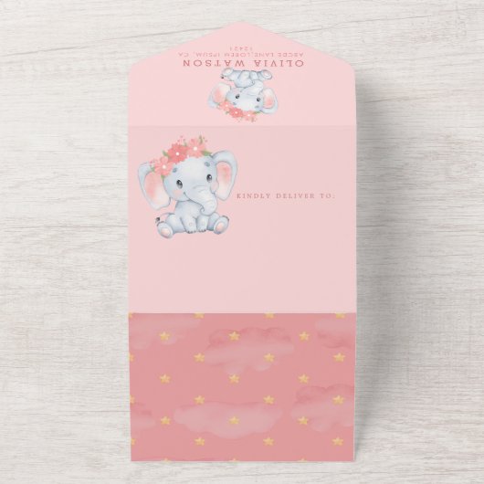 Waterverf Roze Olifant Meisje Baby shower All In One Uitnodiging (Buitenkant)