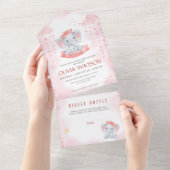 Waterverf Roze Olifant Meisje Baby shower All In One Uitnodiging (Afscheurbaar)