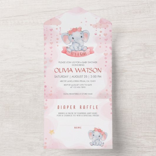 Waterverf Roze Olifant Meisje Baby shower All In One Uitnodiging (Binnen)