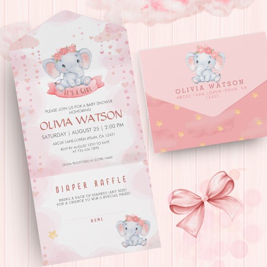 Waterverf Roze Olifant Meisje Baby shower All In One Uitnodiging