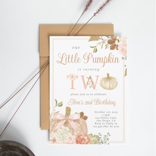 Waterverf Roze Onze kleine pompoen 2e Verjaardag Kaart