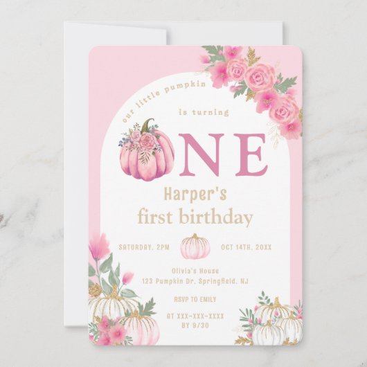 Waterverf Roze Onze kleine pompoen Floral Verjaard Kaart (Voorkant)