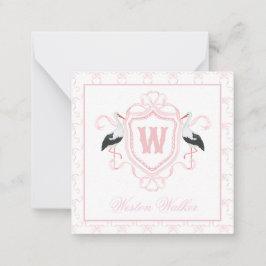 Waterverf Roze Ooievaar Boog Monogram Wapen Notitiekaartje