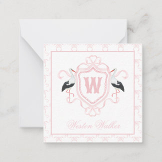 Waterverf Roze Ooievaar Boog Monogram Wapen Notitiekaartje