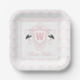 Waterverf Roze Ooievaar Boog Monogram Wapenschild Papieren Bordje