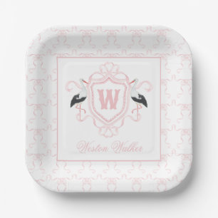 Waterverf Roze Ooievaar Boog Monogram Wapenschild Papieren Bordje
