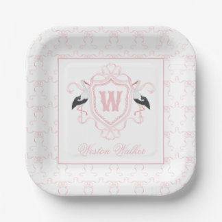 Waterverf Roze Ooievaar Boog Monogram Wapenschild Papieren Bordje