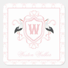 Waterverf Roze Ooievaar Boog Monogram Wapenschild Vierkante Sticker