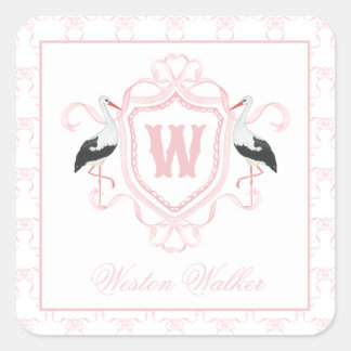 Waterverf Roze Ooievaar Boog Monogram Wapenschild Vierkante Sticker