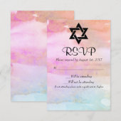 Waterverf Roze Oranje Blauw Gold Bat Mitzvah RSVP (Voorkant / Achterkant)