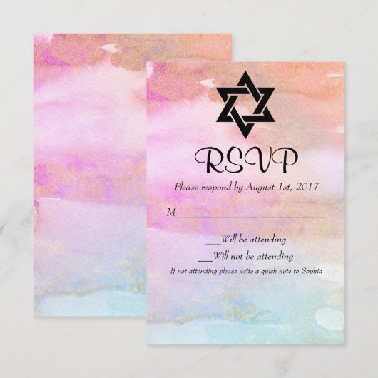 Waterverf Roze Oranje Blauw Gold Bat Mitzvah RSVP (Voorkant / Achterkant)