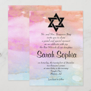 Waterverf Roze Oranje Blauw Gold Girl Bat Mitzvah Kaart