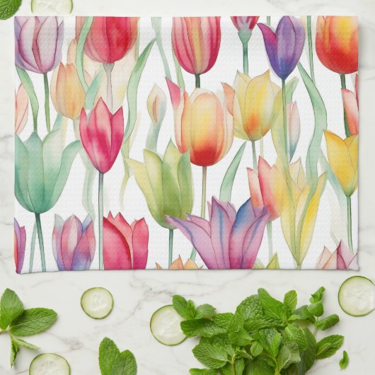  WATERVERF ROZE & ORANJE BLOEMTULPEN THEEDOEK (Gevouwen)