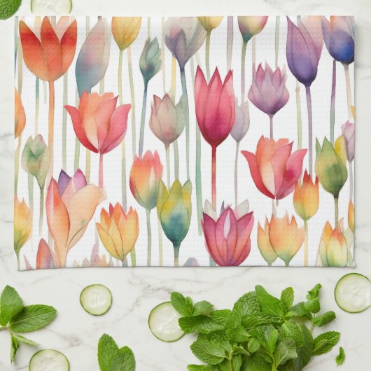  WATERVERF ROZE & ORANJE BLOEMTULPEN THEEDOEK (Gevouwen)