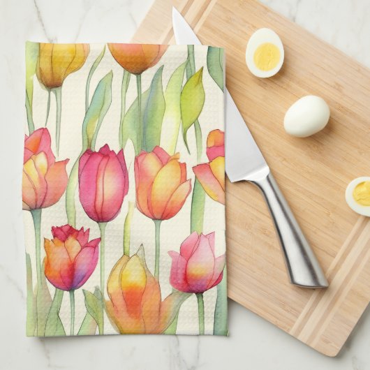  WATERVERF ROZE & ORANJE BLOEMTULPEN THEEDOEK (Quarter Fold)