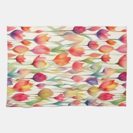 WATERVERF ROZE & ORANJE BLOEMTULPEN THEEDOEK