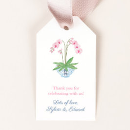 Waterverf Roze Orchidee Blauw Witte Kom Baby Showe Cadeaulabel
