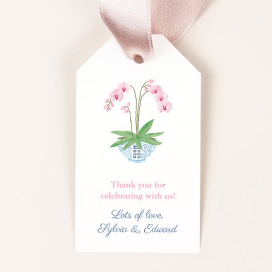 Waterverf Roze Orchidee Blauw Witte Kom Baby Showe Cadeaulabel