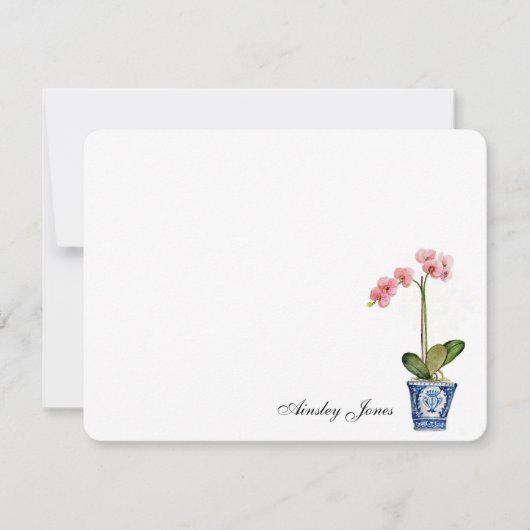 Waterverf Roze orchidee in blauwe pot Bedankkaart (Voorkant)