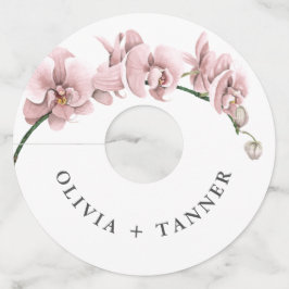 Waterverf Roze Orchideeën Tropische bruiloft Wijnglaslabel