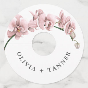 Waterverf Roze Orchideeën Tropische bruiloft Wijnglaslabel