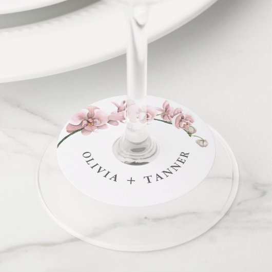 Waterverf Roze Orchideeën Tropische bruiloft Wijnglaslabel (Dichtbij)