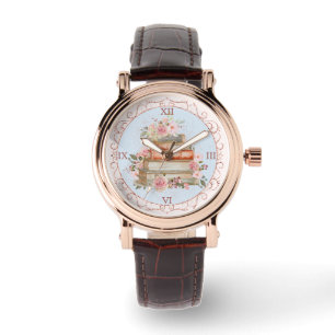 Waterverf Roze Oude Rozen en Boek Bloemstuk Horloge