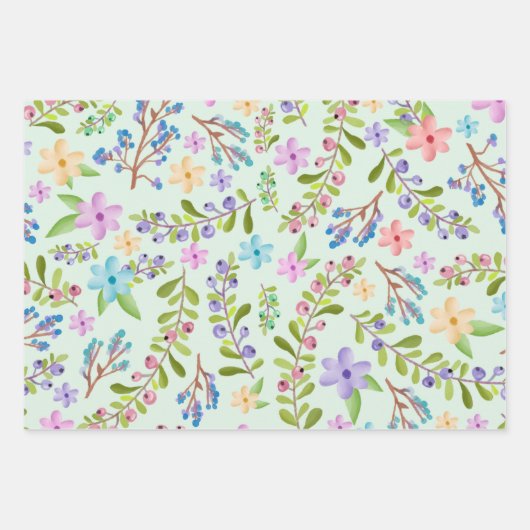 Waterverf Roze, Paars, Blauwe Kleine Bloemen Inpakpapier Vel (Voorkant 2)