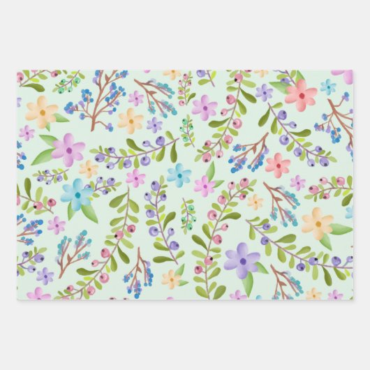 Waterverf Roze, Paars, Blauwe Kleine Bloemen Inpakpapier Vel (Voorkant)