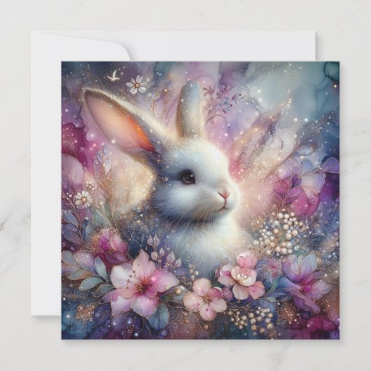 Waterverf Roze Paars Bloemen Konijntje Religieus Feestdagenkaart (Voorkant)