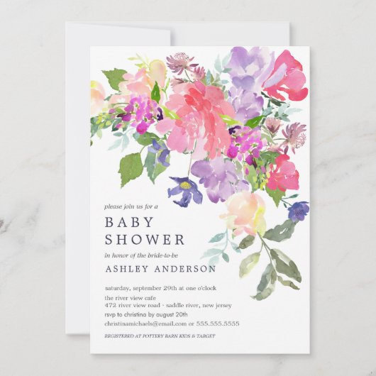 Waterverf Roze Paars Floral Baby shower Kaart (Voorkant)