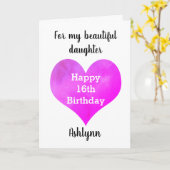 Waterverf Roze Paars hart 16e verjaardag Kaart (Gele Bloem)